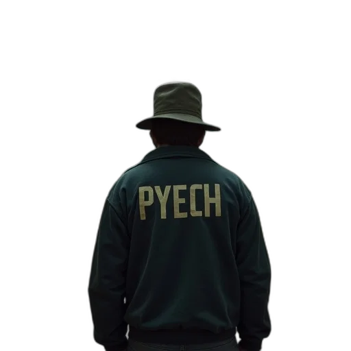jacket, hat, staff, concept art, 3d render, pixel art, cyberpunk, green transparent PNG cut-out