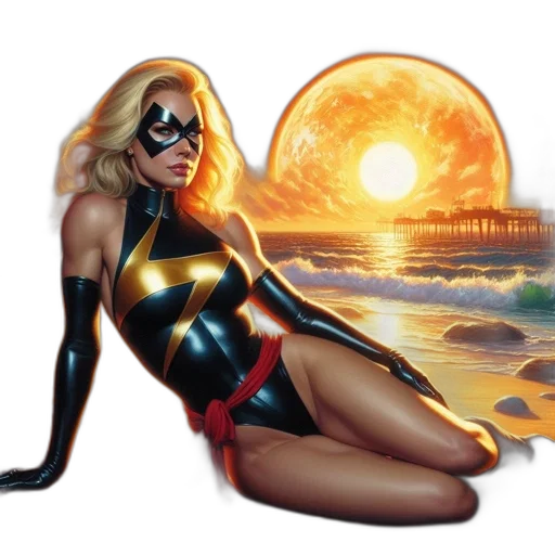 comic book art, concept art, fantasy art, photorealistic, rocky, beach, sunset, golden-costumed transparent PNG cut-out