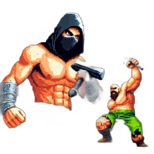 weapon, pixel art, concept art, comic book art, fantasy art, two, muscular, characters transparent PNG cut-out