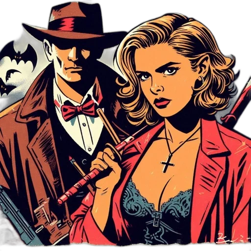comic book art, cartoon, man, trench, coat, hat, holds, gun transparent PNG cut-out