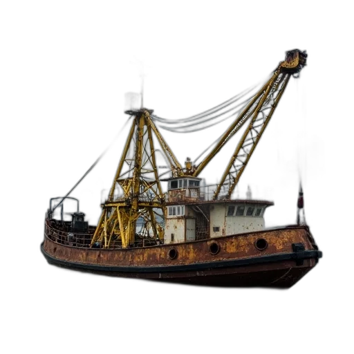 weapon, 3d render, photorealistic, concept art, old, rusted, crane, boat transparent PNG cut-out