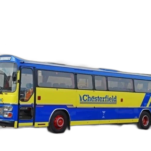 3d render, photorealistic, blue, yellow, bus, chesterfield, written, parked transparent PNG cut-out