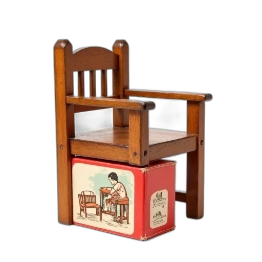 furniture, 3d render, vintage, wooden, dollhouse, chair, red, white transparent PNG cut-out