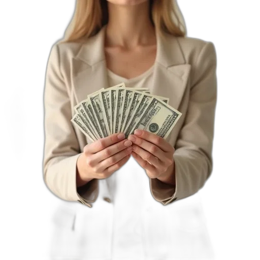 jacket, face, jewelry, woman, holding, stack, dollar, bills transparent PNG cut-out