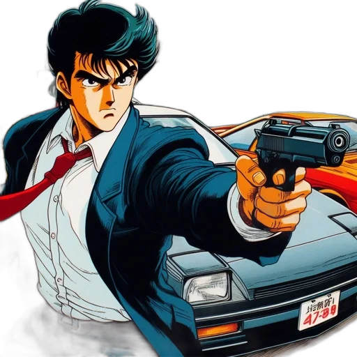 weapon, jacket, car, comic book art, concept art, anime, cartoon, animated transparent PNG cut-out