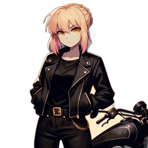 jacket, staff, weapon, hair, cyberpunk, pixel art, anime, concept art transparent PNG cut-out