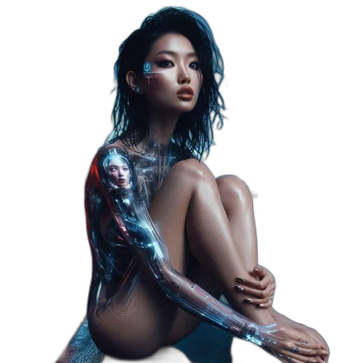 robot, dress, jewelry, cyberpunk, photorealistic, concept art, fantasy art, neon lights transparent PNG cut-out