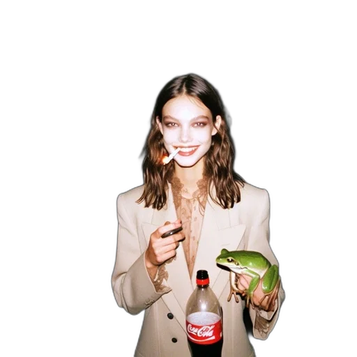 jacket, bottle, food, face, woman, beige, blazer, holding transparent PNG cut-out