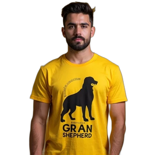 creature, animal, man, wearing, yellow, t-shirt, black, dog transparent PNG cut-out
