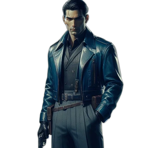jacket, staff, weapon, concept art, cyberpunk, comic book art, photorealistic, blue transparent PNG cut-out