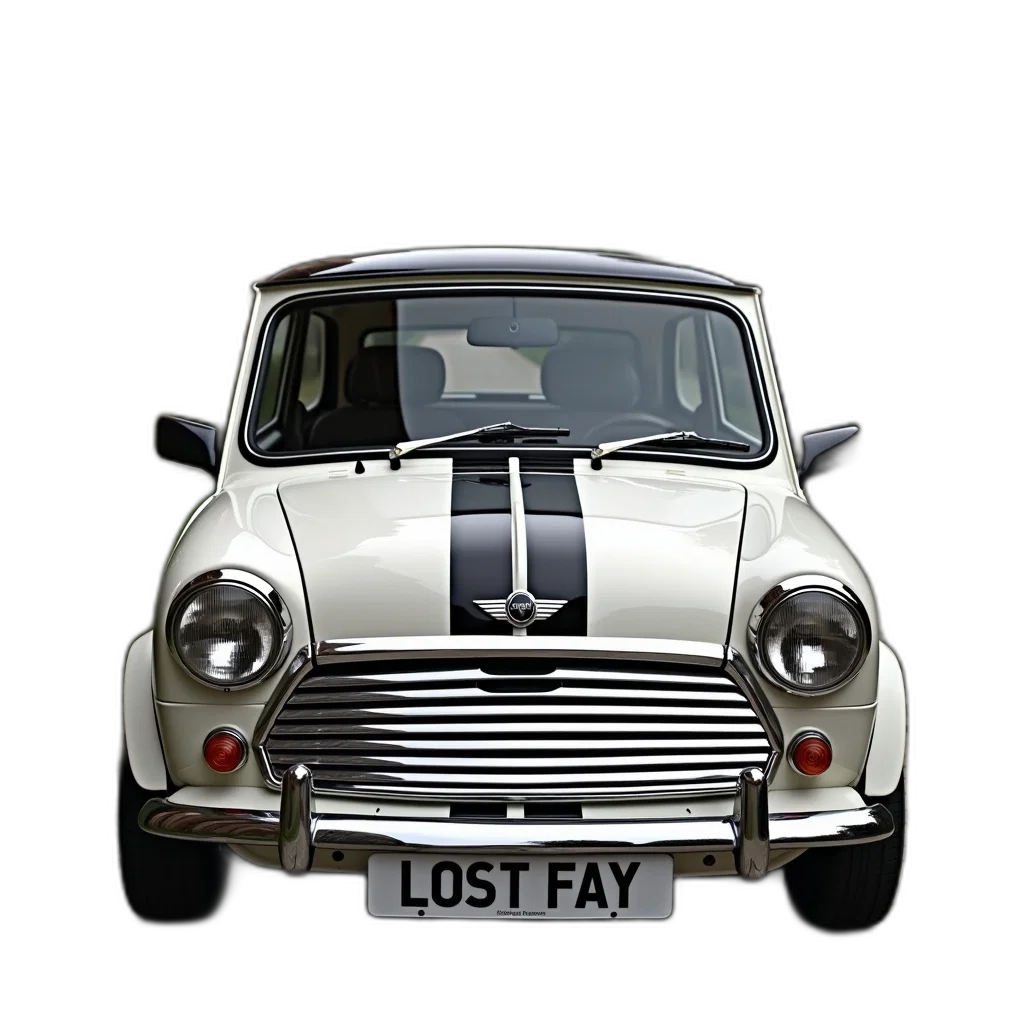car, photorealistic, 3d render, white, black, striped, mini, cooper transparent PNG cut-out
