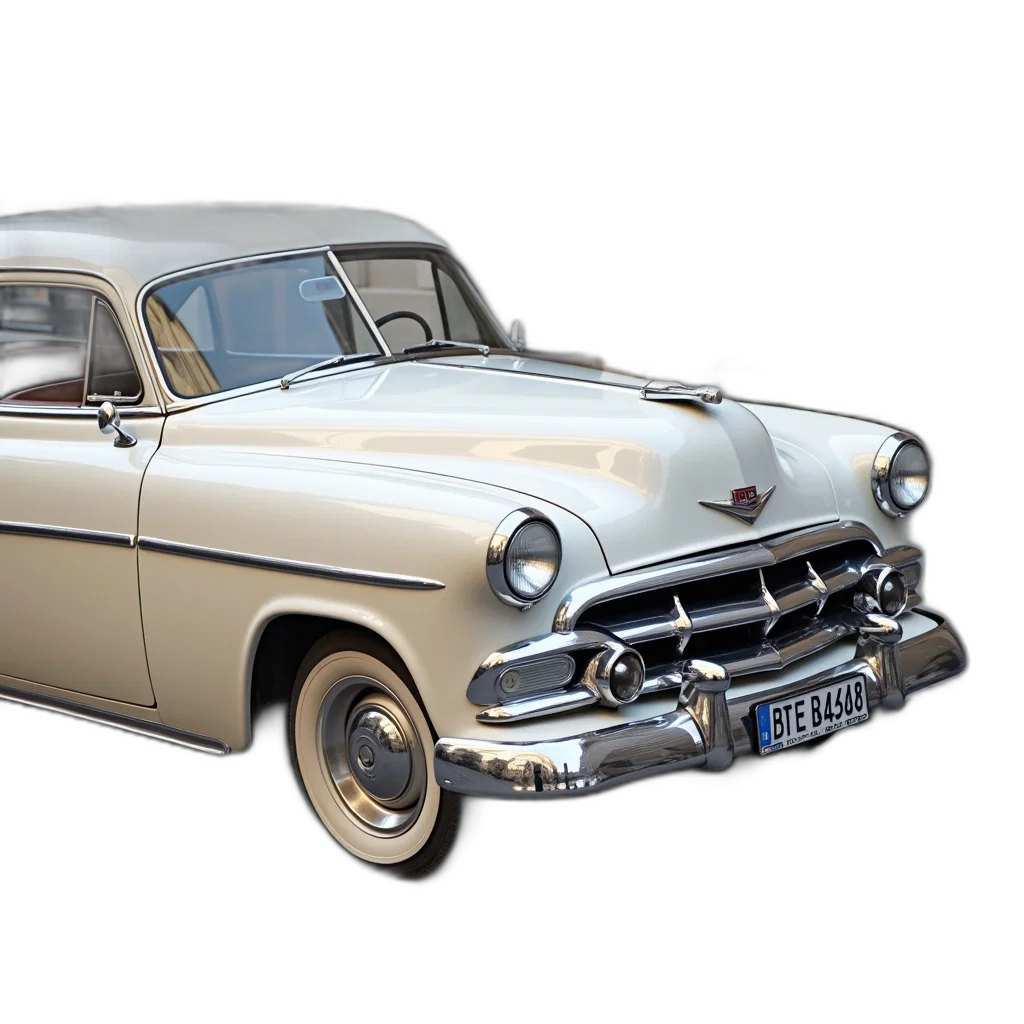 car, 3d render, photorealistic, vintage, white, body, chrome, details transparent PNG cut-out