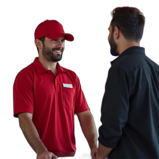 staff, jacket, hat, hair, man, red, shirt, standing transparent PNG cut-out
