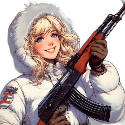 weapon, jacket, anime, comic book art, cartoon, concept art, snow, animated transparent PNG cut-out