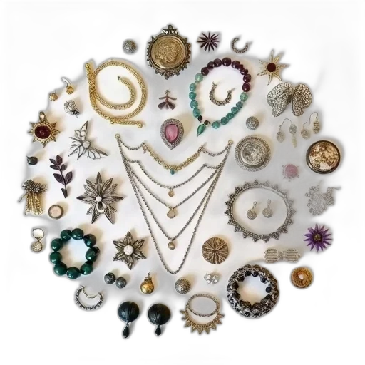 jewelry, crown, staff, earth tones, collection, various, items, displayed transparent PNG cut-out