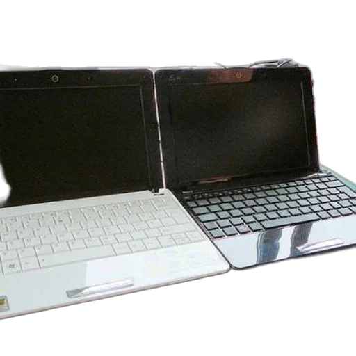 3d render, two, laptops, one, white, black, sit, side transparent PNG cut-out