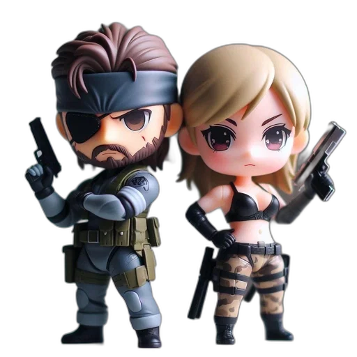 concept art, cyberpunk, pixel art, 3d render, two, tactical, figurines, one transparent PNG cut-out