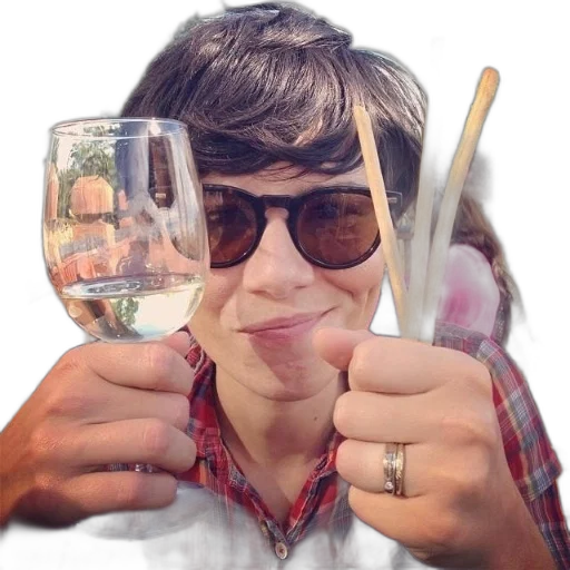 food, photorealistic, person, wearing, sunglasses, holds, wine, glass transparent PNG cut-out