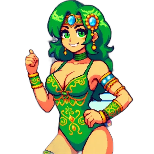 dress, staff, pixel art, fantasy art, concept art, anime, green, colorful transparent PNG cut-out
