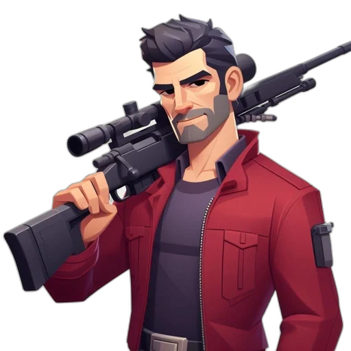 weapon, staff, jacket, face, concept art, pixel art, 3d render, cartoon transparent PNG cut-out