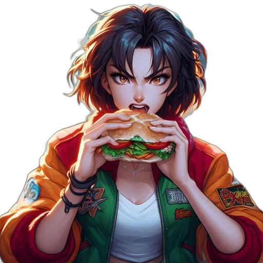 food, jacket, face, cyberpunk, vaporwave, pixel art, concept art, neon lights transparent PNG cut-out
