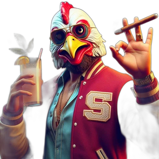 jacket, mask, concept art, fantasy art, 3d render, photorealistic, anthropomorphic, chicken transparent PNG cut-out