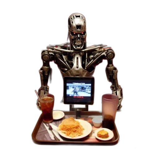 robot, food, cyberpunk, concept art, 3d render, inside, restaurant, large transparent PNG cut-out