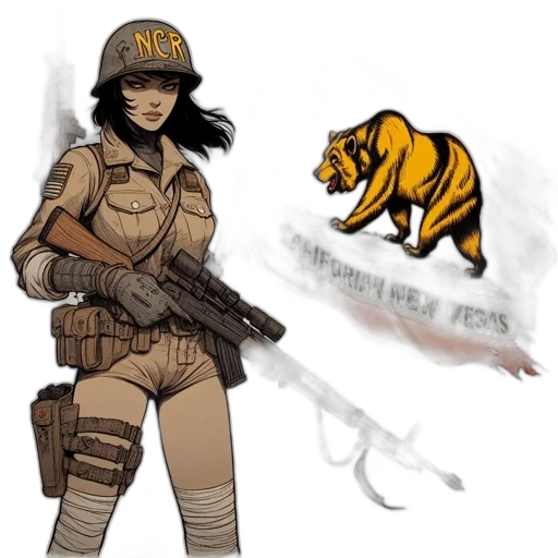 weapon, concept art, comic book art, fantasy art, pixel art, earth tones, woman, wearing transparent PNG cut-out