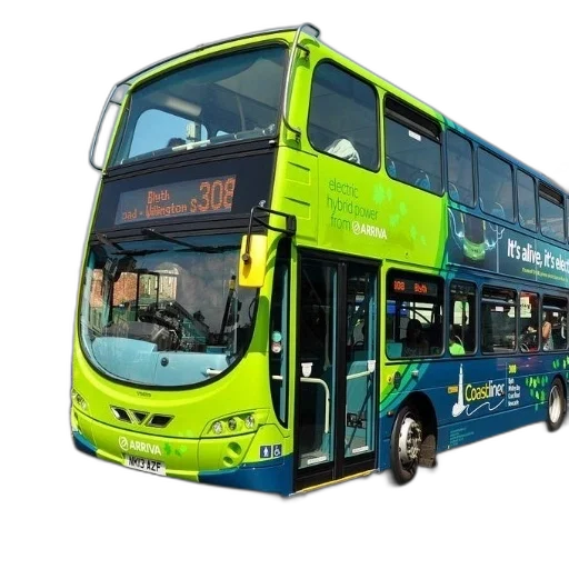 3d render, photorealistic, green, blue, double-decker, bus, destination, blyth transparent PNG cut-out