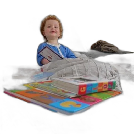 jacket, photorealistic, 3d render, child, sits, bed, pile, books transparent PNG cut-out