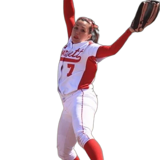 female, softball, player, wearing, red, white, uniform, number transparent PNG cut-out