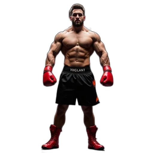 photorealistic, muscular, man, standing, boxing, ring, wearing, black transparent PNG cut-out