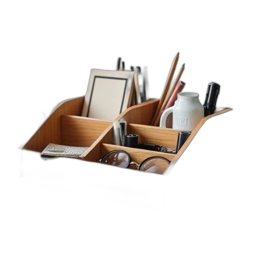 furniture, staff, photorealistic, 3d render, earth tones, wooden, desk, organizer transparent PNG cut-out