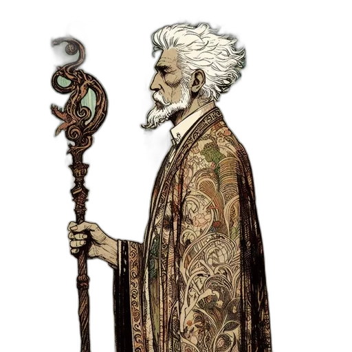 staff, sword, dragon, concept art, fantasy art, elderly, man, beard transparent PNG cut-out