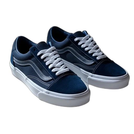 shoes, photorealistic, 3d render, blue, vans, old, skool, navy transparent PNG cut-out