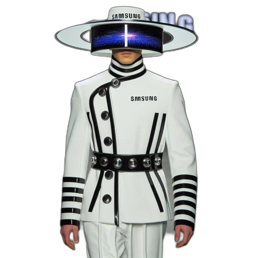 robot, jacket, staff, hat, concept art, vaporwave, monochrome, model transparent PNG cut-out