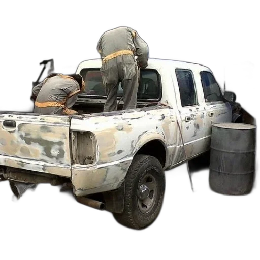 car, weapon, furniture, earth tones, two, men, working, white transparent PNG cut-out