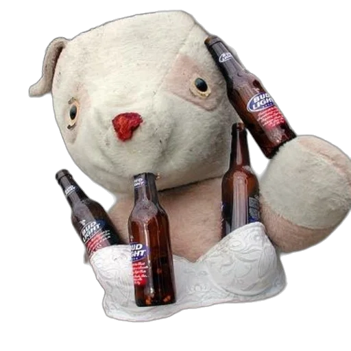 bottle, 3d render, large, stuffed, animal, dressed, bra, holds transparent PNG cut-out