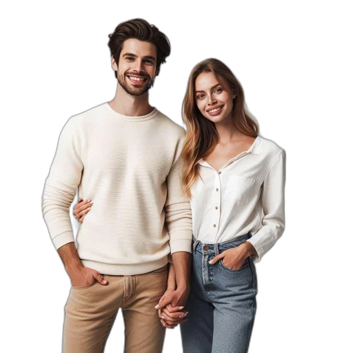 jacket, furniture, jewelry, 3d render, earth tones, monochrome, couple, poses transparent PNG cut-out