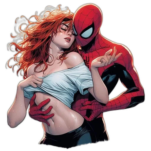 comic book art, concept art, spider-man, embraces, mary, jane, marvel, universe transparent PNG cut-out