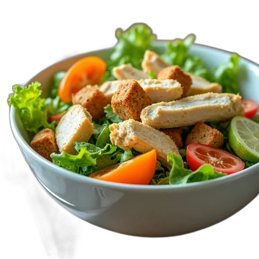 food, 3d render, bowl, salad, lettuce, croutons, chicken, pieces transparent PNG cut-out