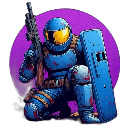 robot, weapon, pixel art, concept art, cyberpunk, fantasy art, blue, colorful transparent PNG cut-out