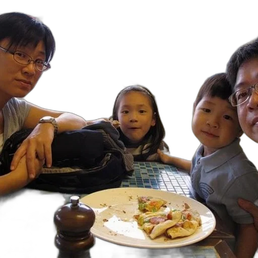 family, four, sits, table, plate, food, front, them transparent PNG cut-out