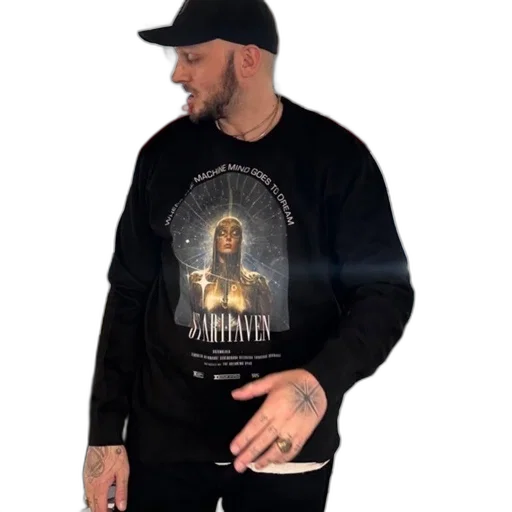 jacket, man, tattoo, graphic-print, sweatshirt, stands, modern, space transparent PNG cut-out