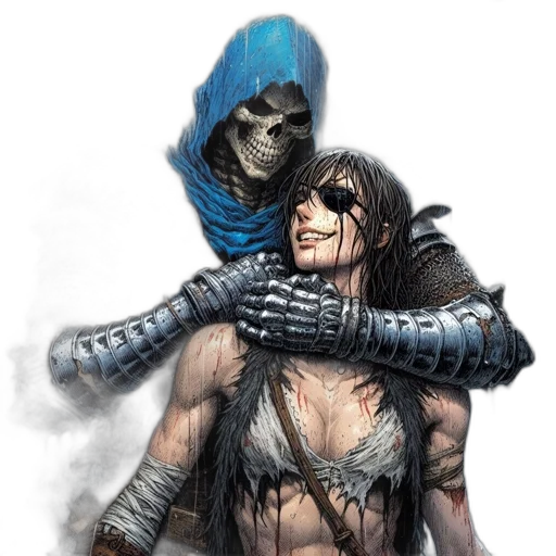comic book art, concept art, fantasy art, cyberpunk, blue, rainy, setting, skeletal transparent PNG cut-out