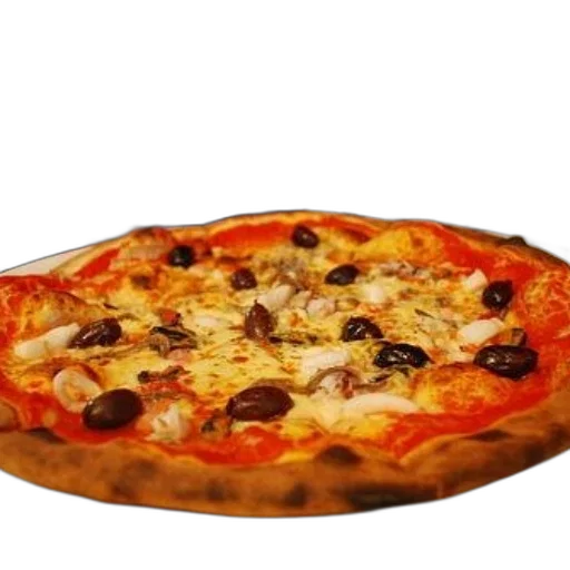 food, 3d render, photorealistic, large, pizza, olives, cheese, sits transparent PNG cut-out