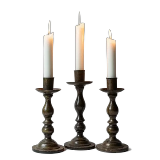 furniture, jewelry, earth tones, set, three, antique, candlesticks, lit transparent PNG cut-out