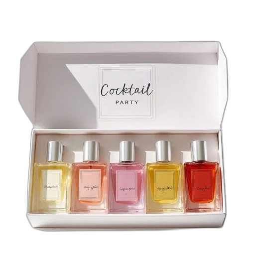 collection, six, different, colored, bottles, perfume, displayed, white transparent PNG cut-out
