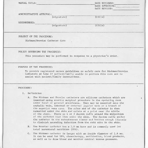 document, titled, hickman, broviac, catheter, care, sections, administrative transparent PNG cut-out
