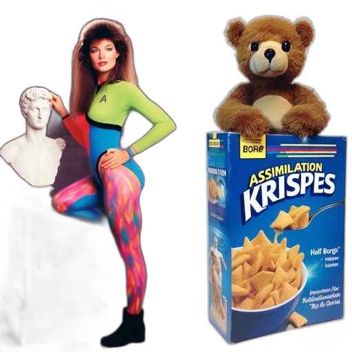 food, individual, star, trek-emblazoned, attire, stands, beside, bust transparent PNG cut-out
